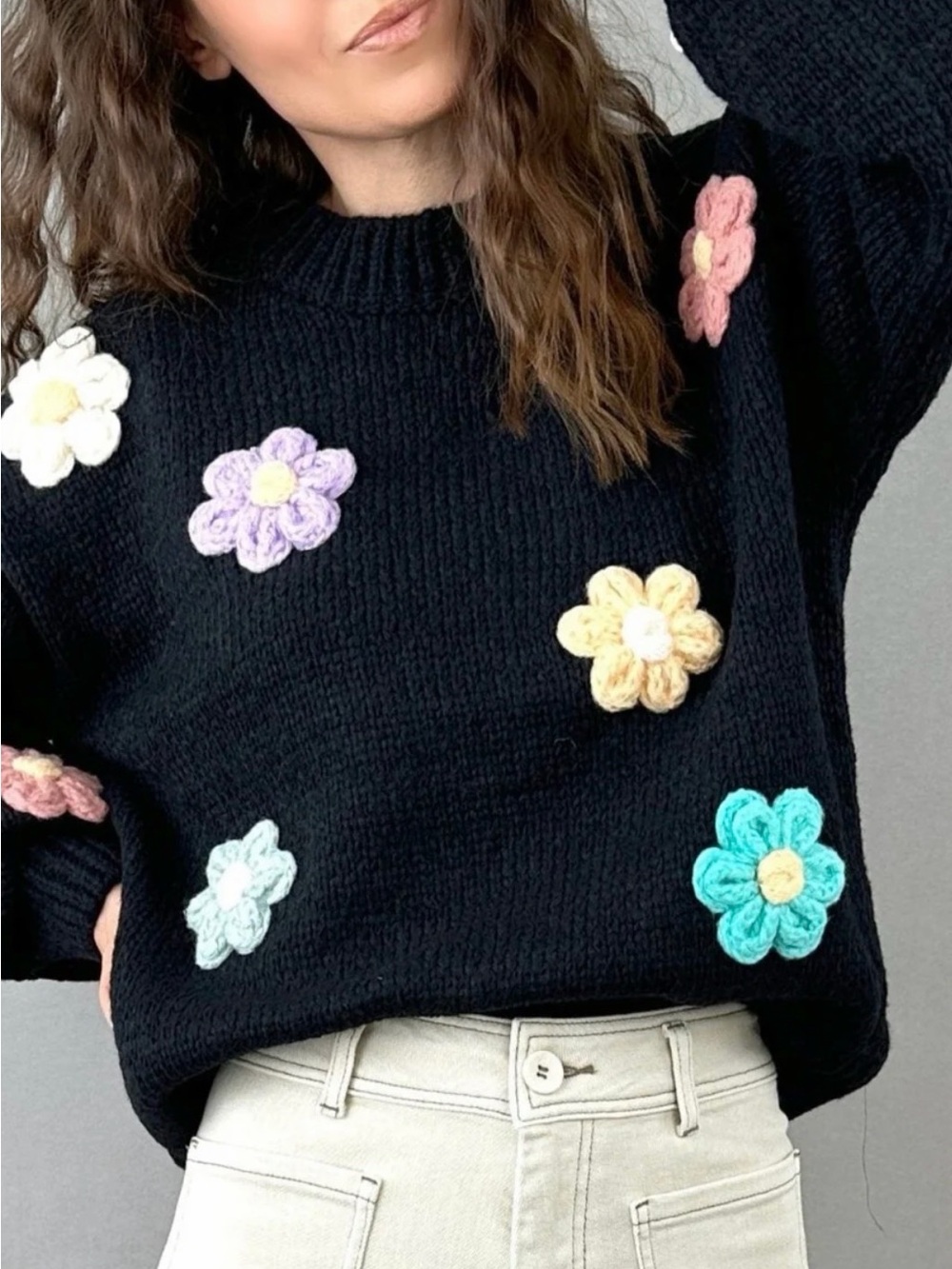 Black Crewneck Sweater with Crochet Flower Appliqués